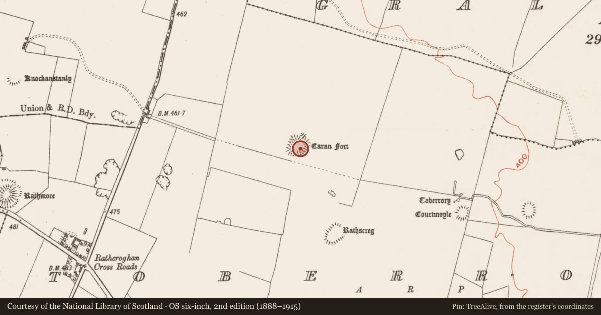 Ordnance Survey six-inch map, 2nd edition (1888–1915) covering the location of Bullaun stone, Toberrory, County Roscommon, with a pin at the register's coordinates