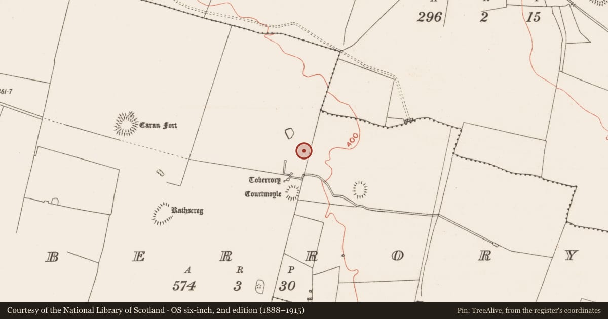 Ordnance Survey six-inch map, 2nd edition (1888–1915) covering the location of House - indeterminate date, Toberrory, County Roscommon, with a pin at the register's coordinates