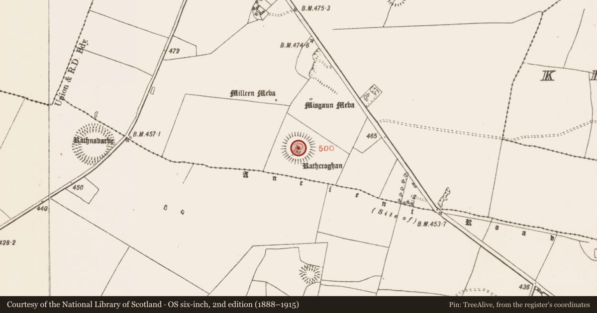 Ordnance Survey six-inch map, 2nd edition (1888–1915) covering the location of Mound, Toberrory, County Roscommon, with a pin at the register's coordinates