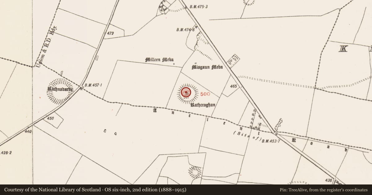 Ordnance Survey six-inch map, 2nd edition (1888–1915) covering the location of Barrow - ditch barrow, Toberrory, County Roscommon, with a pin at the register's coordinates