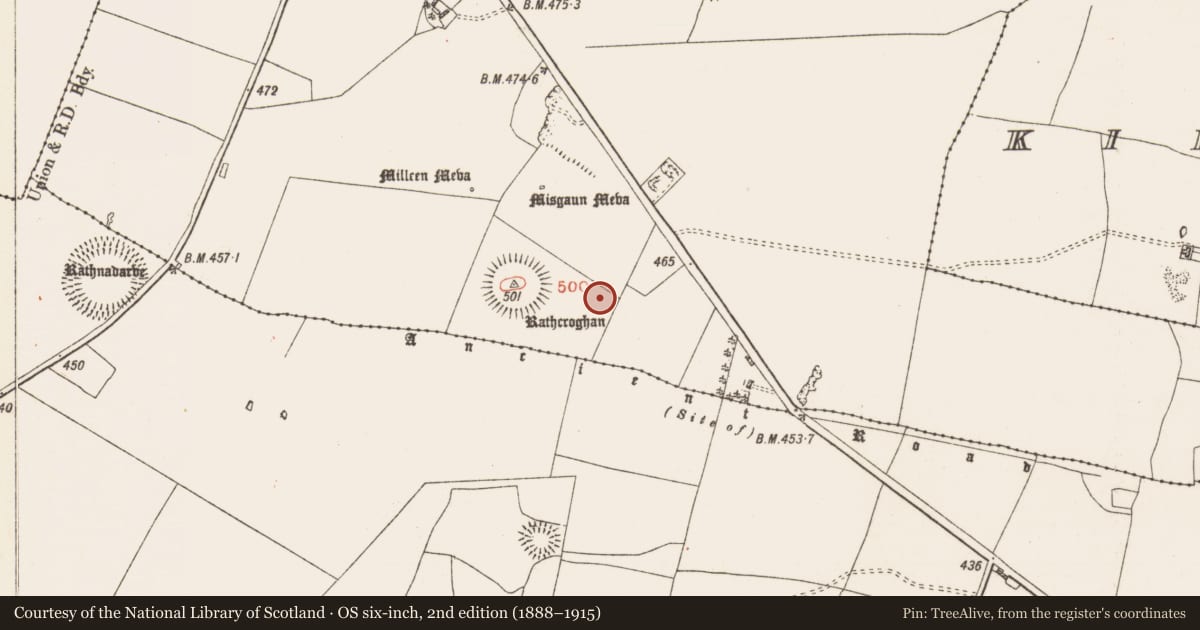 Ordnance Survey six-inch map, 2nd edition (1888–1915) covering the location of Barrow - ring-barrow, Toberrory, County Roscommon, with a pin at the register's coordinates