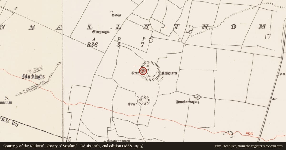 Ordnance Survey six-inch map, 2nd edition (1888–1915) covering the location of Souterrain, Glenballythomas, County Roscommon, with a pin at the register's coordinates