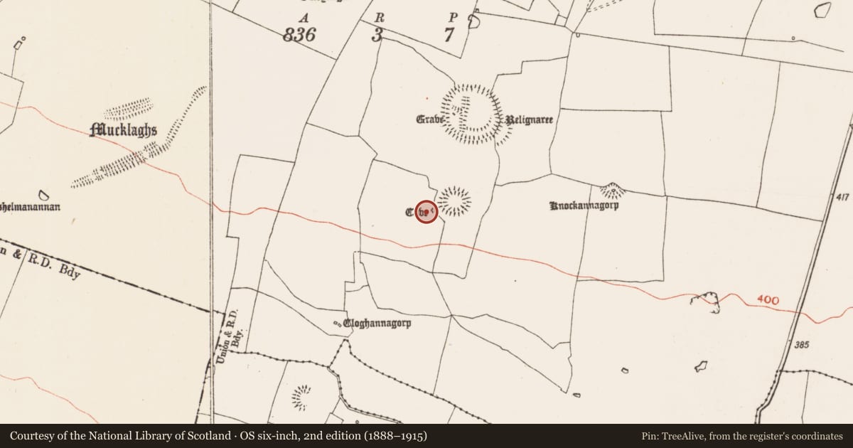 Ordnance Survey six-inch map, 2nd edition (1888–1915) covering the location of Souterrain, Glenballythomas, County Roscommon, with a pin at the register's coordinates