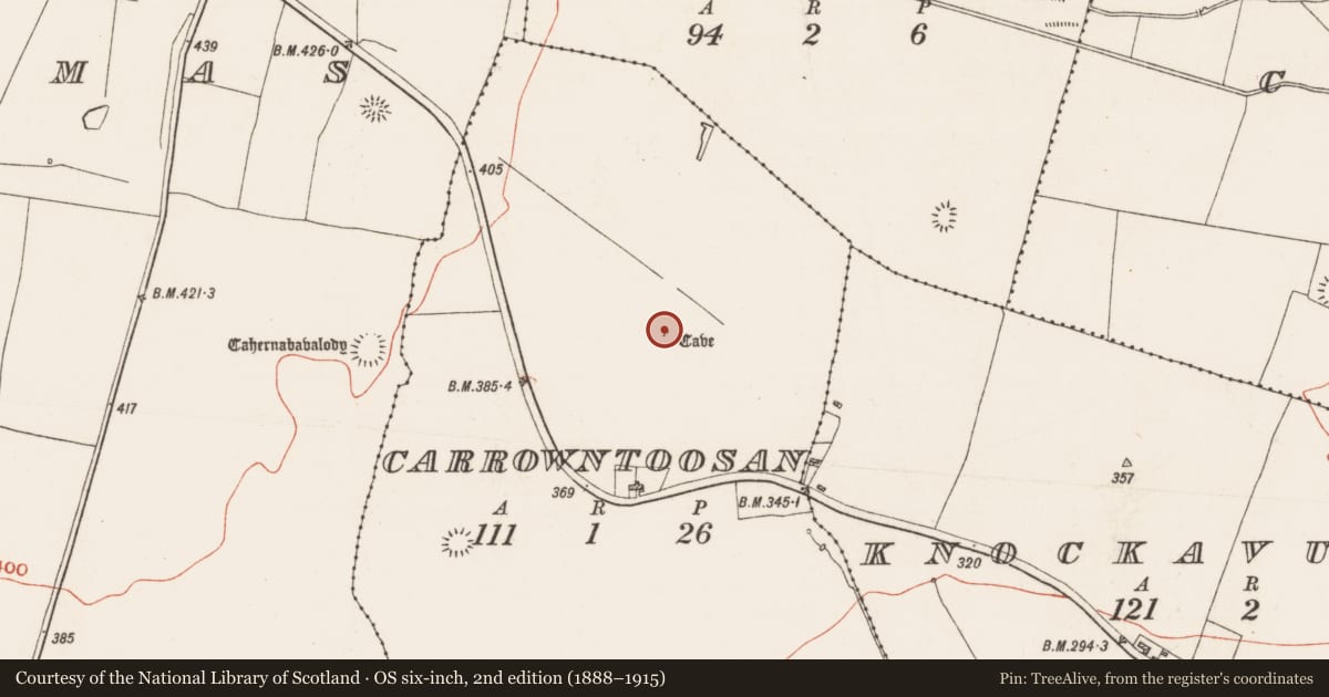 Ordnance Survey six-inch map, 2nd edition (1888–1915) covering the location of Souterrain, Carrowntoosan, County Roscommon, with a pin at the register's coordinates