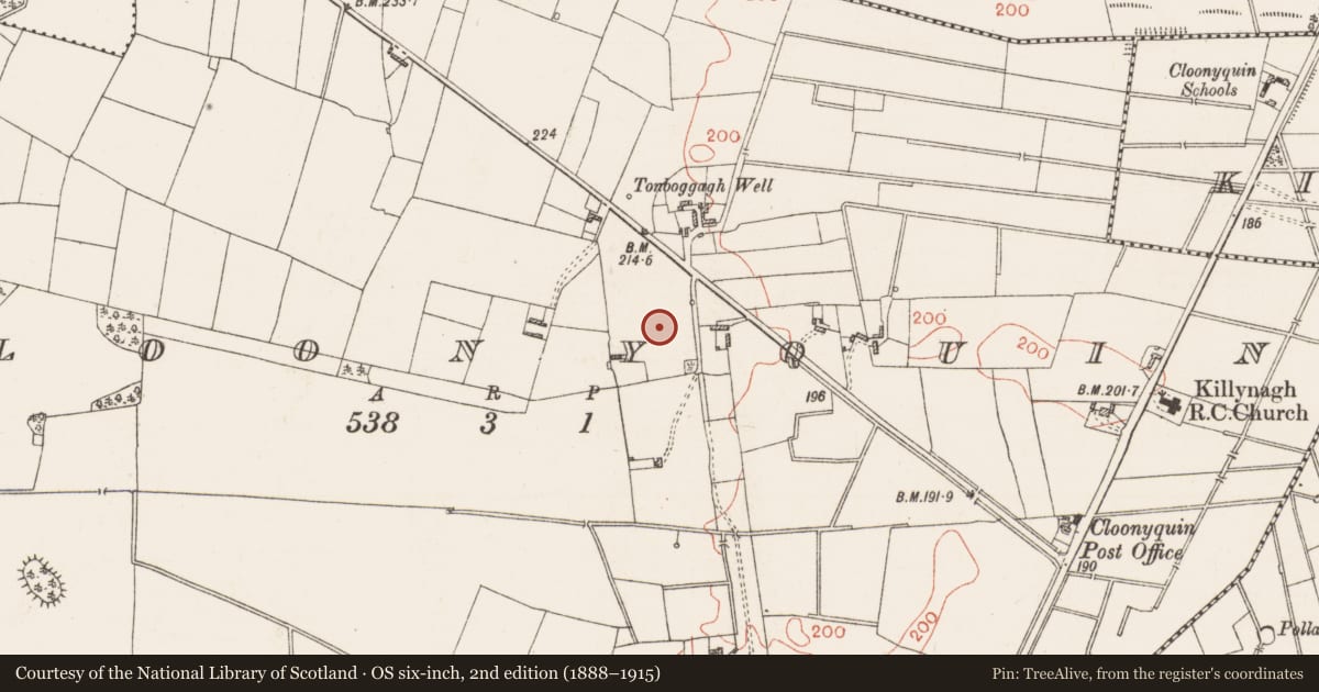 Ordnance Survey six-inch map, 2nd edition (1888–1915) covering the location of House - indeterminate date, Cloonyquin, County Roscommon, with a pin at the register's coordinates