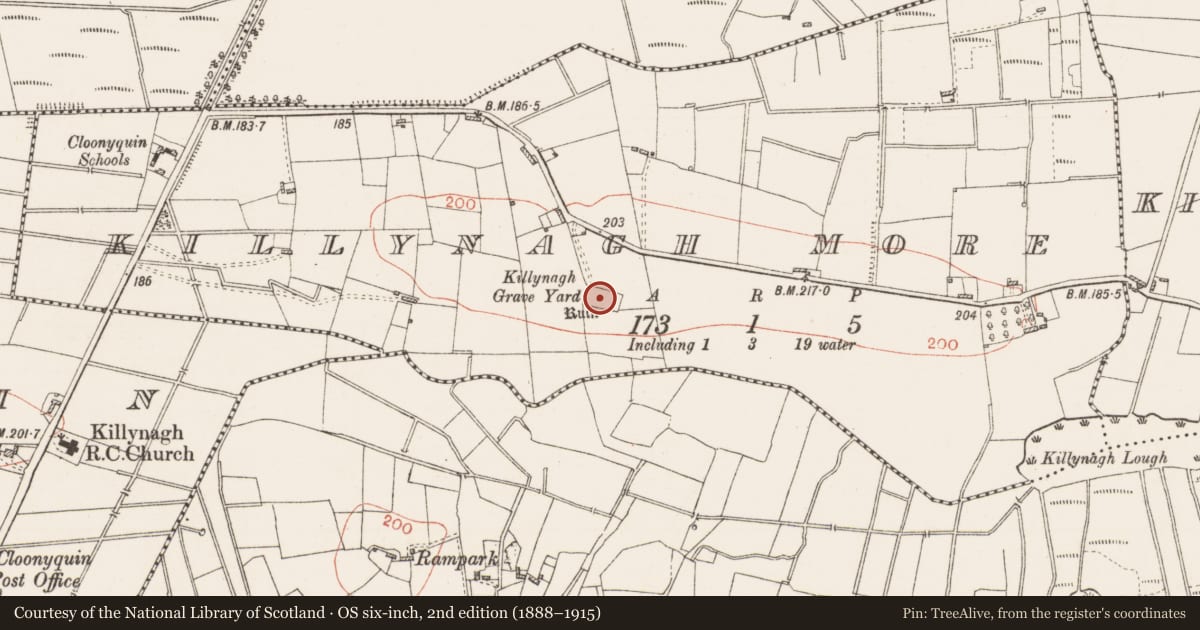Ordnance Survey six-inch map, 2nd edition (1888–1915) covering the location of Church, Killynagh More, County Roscommon, with a pin at the register's coordinates