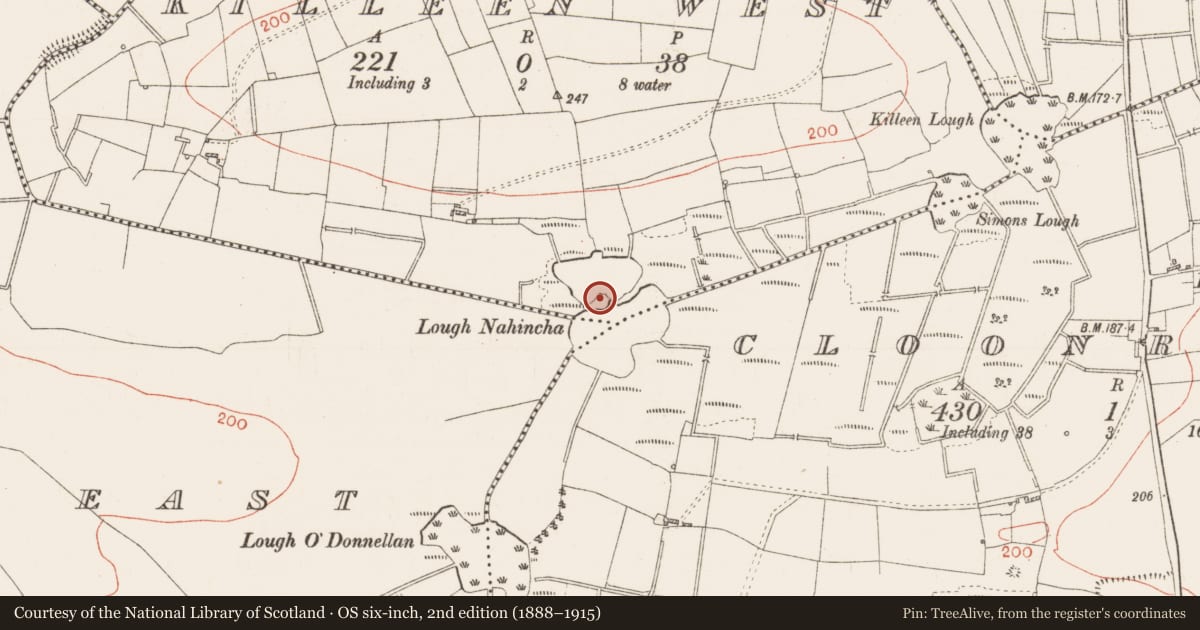Ordnance Survey six-inch map, 2nd edition (1888–1915) covering the location of Crannog, Killeen West, County Roscommon, with a pin at the register's coordinates