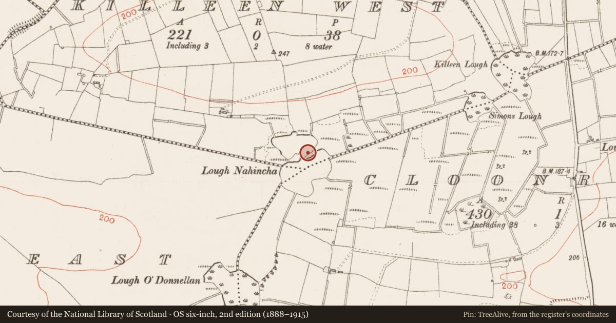 Ordnance Survey six-inch map, 2nd edition (1888–1915) covering the location of Crannog, Killeen West, County Roscommon, with a pin at the register's coordinates