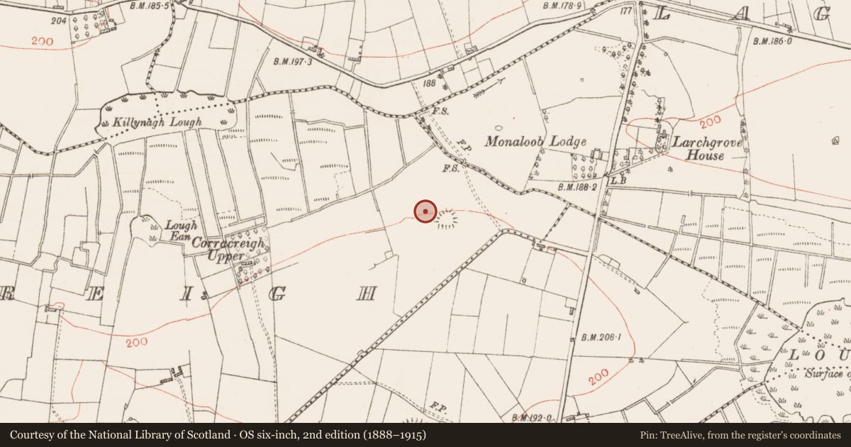 Ordnance Survey six-inch map, 2nd edition (1888–1915) covering the location of Enclosure, Corracreigh, County Roscommon, with a pin at the register's coordinates