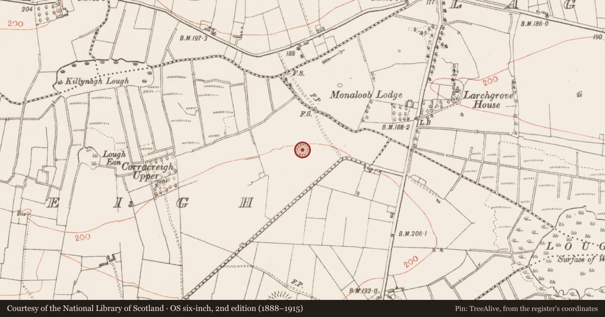 Ordnance Survey six-inch map, 2nd edition (1888–1915) covering the location of Enclosure, Corracreigh, County Roscommon, with a pin at the register's coordinates