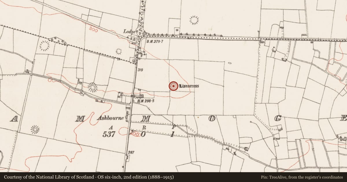Ordnance Survey six-inch map, 2nd edition (1888–1915) covering the location of Ringfort - rath, Cammoge, County Roscommon, with a pin at the register's coordinates