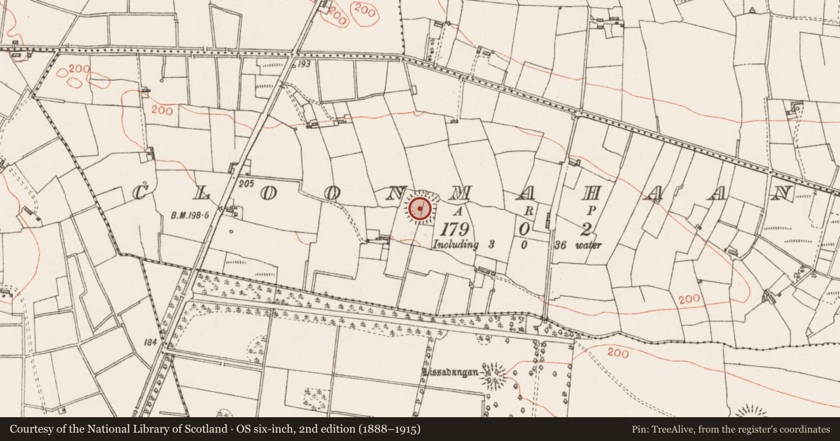 Ordnance Survey six-inch map, 2nd edition (1888–1915) covering the location of Ringfort - rath, Cloonmahaan, County Roscommon, with a pin at the register's coordinates