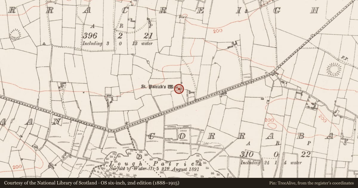 Ordnance Survey six-inch map, 2nd edition (1888–1915) covering the location of Ritual site - holy well, Corracreigh, County Roscommon, with a pin at the register's coordinates