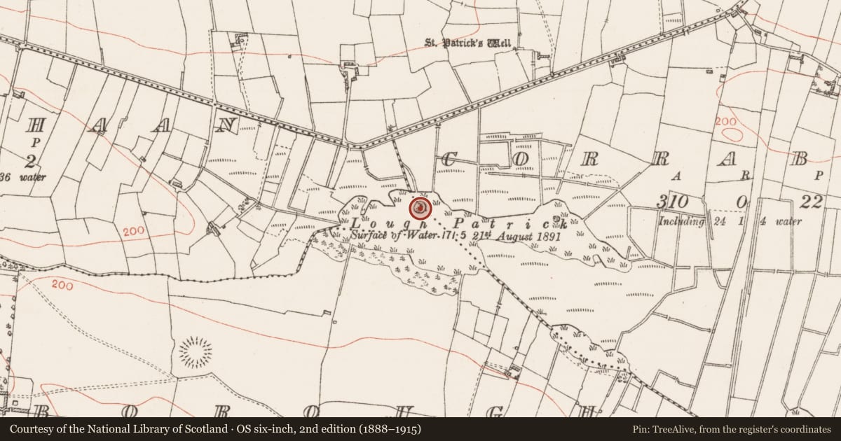 Ordnance Survey six-inch map, 2nd edition (1888–1915) covering the location of Crannog, Cloonmahaan, Corrabaun, County Roscommon, with a pin at the register's coordinates