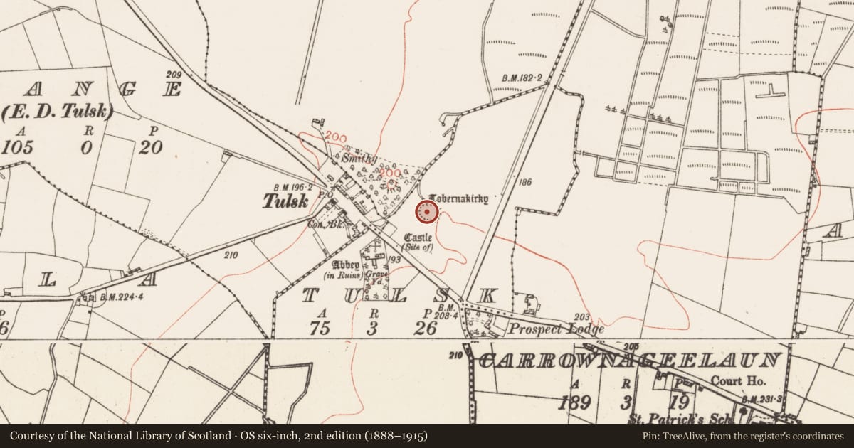 Ordnance Survey six-inch map, 2nd edition (1888–1915) covering the location of Ringfort - rath, Tulsk, County Roscommon, with a pin at the register's coordinates