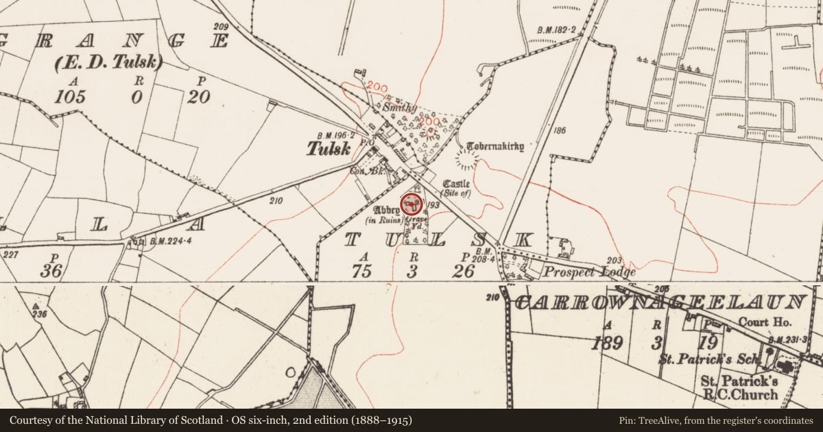 Ordnance Survey six-inch map, 2nd edition (1888–1915) covering the location of Religious house - Dominican friars, Tulsk, County Roscommon, with a pin at the register's coordinates