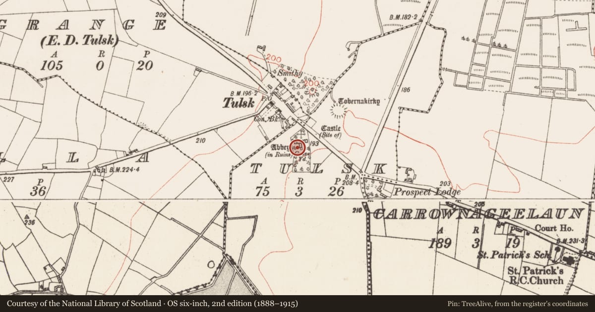 Ordnance Survey six-inch map, 2nd edition (1888–1915) covering the location of Tomb - unclassified, Tulsk, County Roscommon, with a pin at the register's coordinates