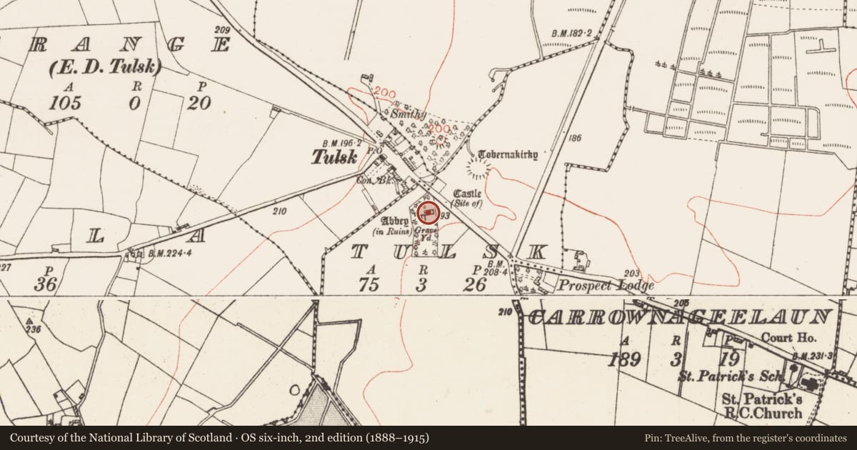 Ordnance Survey six-inch map, 2nd edition (1888–1915) covering the location of Castle - tower house, Tulsk, County Roscommon, with a pin at the register's coordinates
