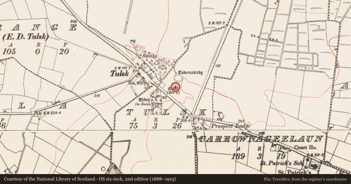 Ordnance Survey six-inch map, 2nd edition (1888–1915) covering the location of Road - road/trackway, Tulsk, County Roscommon, with a pin at the register's coordinates