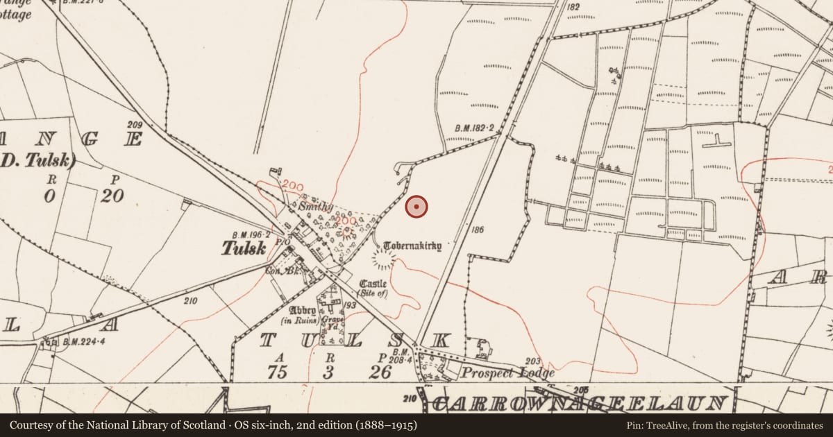 Ordnance Survey six-inch map, 2nd edition (1888–1915) covering the location of Fulacht fia, Tulsk, County Roscommon, with a pin at the register's coordinates
