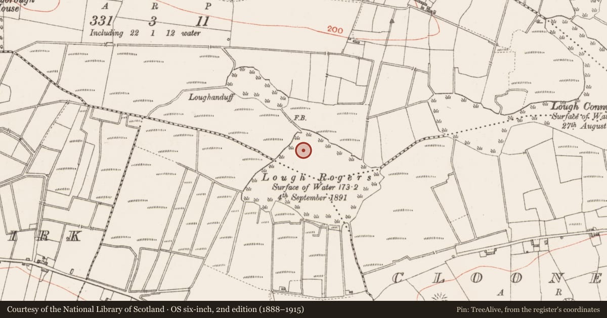 Ordnance Survey six-inch map, 2nd edition (1888–1915) covering the location of Crannog, Foxborough, County Roscommon, with a pin at the register's coordinates