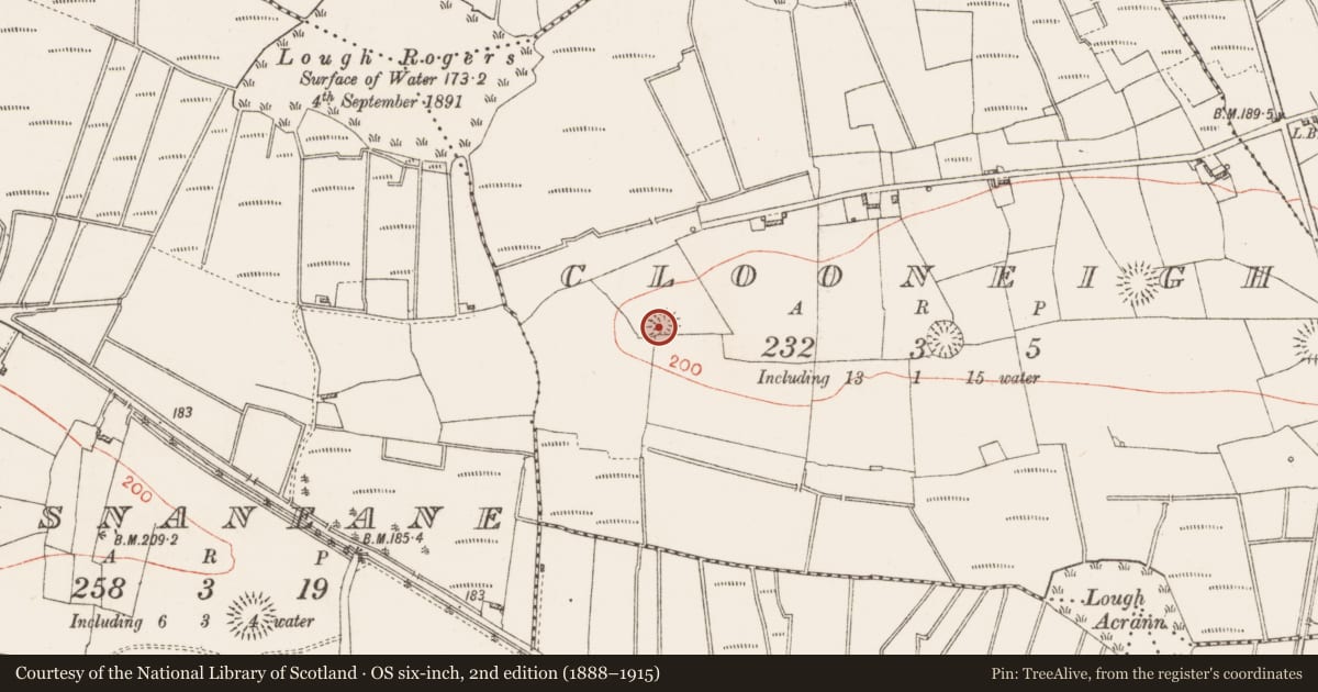 Ordnance Survey six-inch map, 2nd edition (1888–1915) covering the location of Ringfort - rath, Clooneigh, County Roscommon, with a pin at the register's coordinates