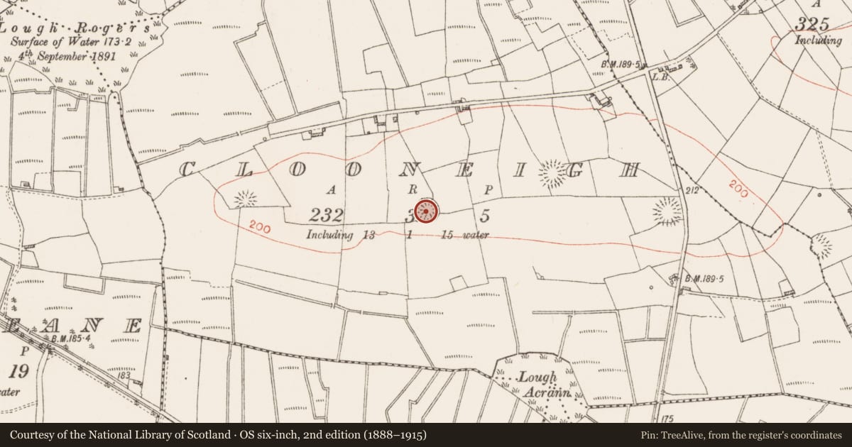 Ordnance Survey six-inch map, 2nd edition (1888–1915) covering the location of Ringfort - rath, Clooneigh, County Roscommon, with a pin at the register's coordinates