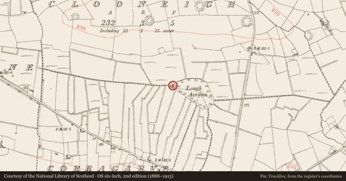 Ordnance Survey six-inch map, 2nd edition (1888–1915) covering the location of Crannog, Clooneigh, County Roscommon, with a pin at the register's coordinates