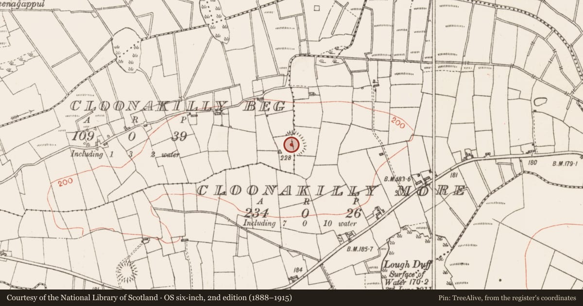 Ordnance Survey six-inch map, 2nd edition (1888–1915) covering the location of Ringfort - rath, Cloonakilly Beg, Cloonakilly More, County Roscommon, with a pin at the register's coordinates