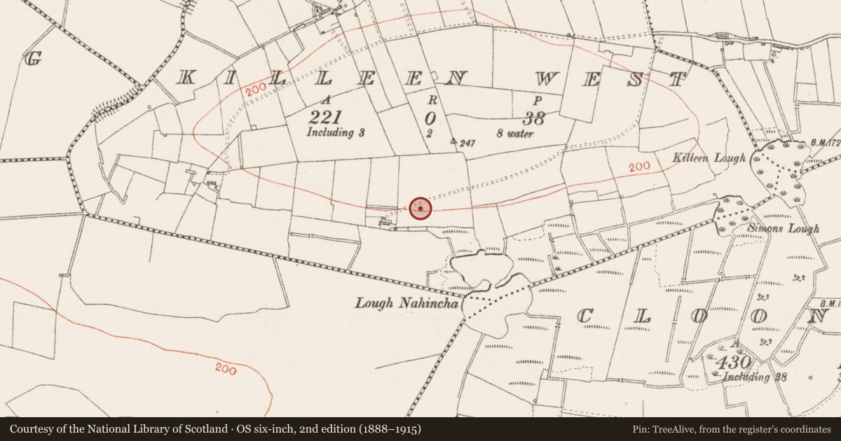 Ordnance Survey six-inch map, 2nd edition (1888–1915) covering the location of Mound, Killeen West, County Roscommon, with a pin at the register's coordinates