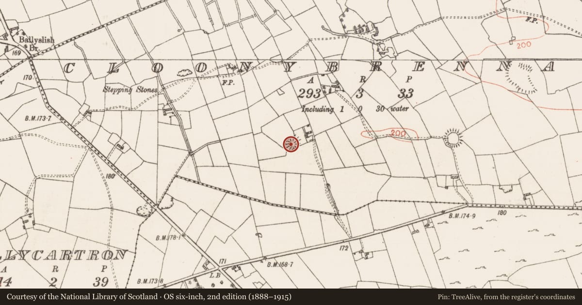 Ordnance Survey six-inch map, 2nd edition (1888–1915) covering the location of Ringfort - rath, Cloonybrennan, County Roscommon, with a pin at the register's coordinates
