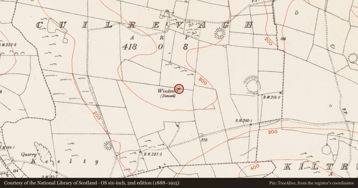 Ordnance Survey six-inch map, 2nd edition (1888–1915) covering the location of Windmill, Cuilrevagh, County Roscommon, with a pin at the register's coordinates