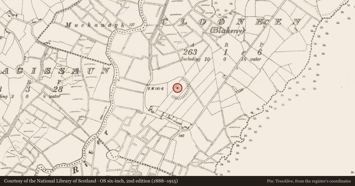 Ordnance Survey six-inch map, 2nd edition (1888–1915) covering the location of Hilltop enclosure, Clooneen (Blakeny), County Roscommon, with a pin at the register's coordinates