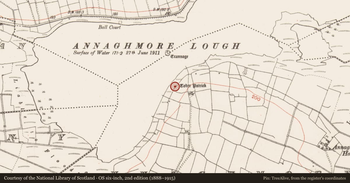 Ordnance Survey six-inch map, 2nd edition (1888–1915) covering the location of Ritual site - holy well, Annaghmore, County Roscommon, with a pin at the register's coordinates