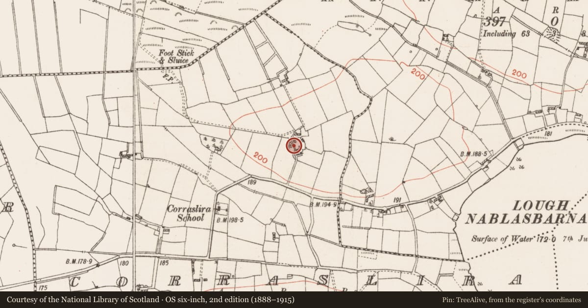 Ordnance Survey six-inch map, 2nd edition (1888–1915) covering the location of Ringfort - unclassified, Corraslira, County Roscommon, with a pin at the register's coordinates
