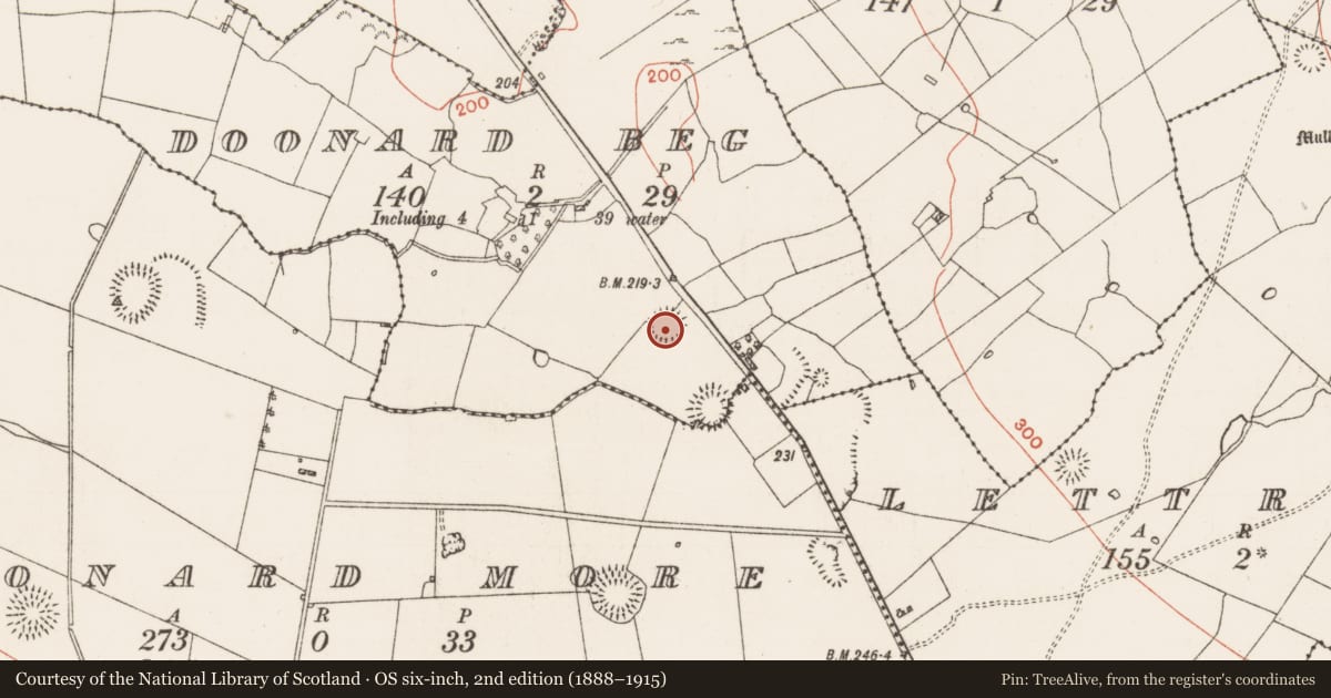 Ordnance Survey six-inch map, 2nd edition (1888–1915) covering the location of Ringfort - rath, Doonard Beg, County Roscommon, with a pin at the register's coordinates