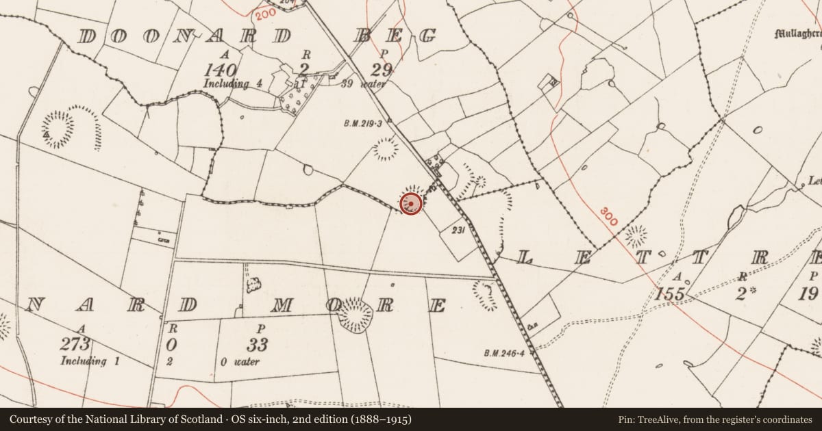 Ordnance Survey six-inch map, 2nd edition (1888–1915) covering the location of Ringfort - rath, Doonard Beg, Doonard More, County Roscommon, with a pin at the register's coordinates