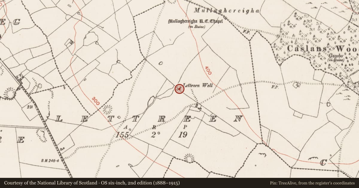 Ordnance Survey six-inch map, 2nd edition (1888–1915) covering the location of Ritual site - holy well, Lettreen, County Roscommon, with a pin at the register's coordinates