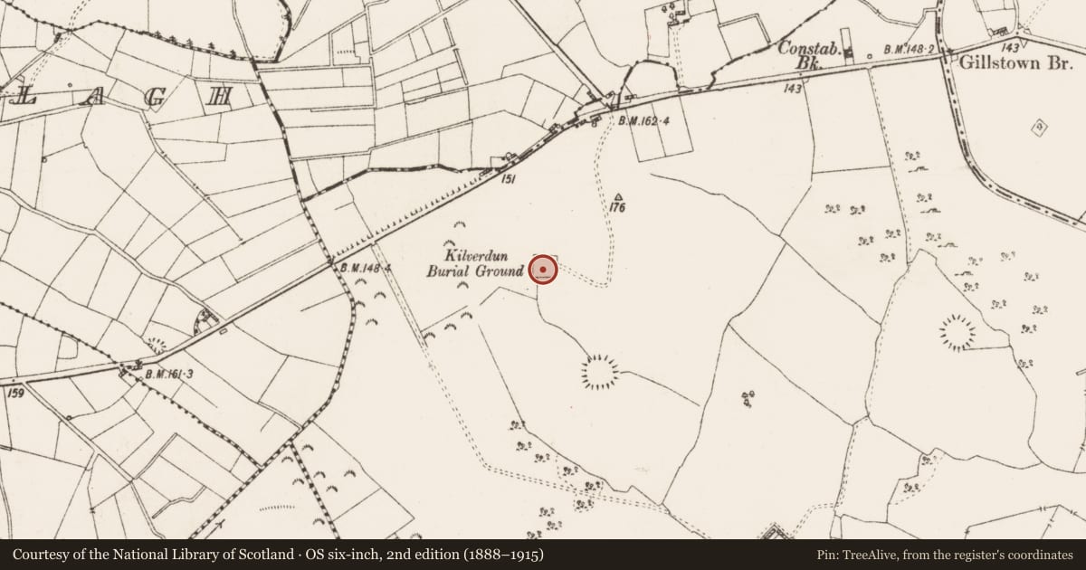 Ordnance Survey six-inch map, 2nd edition (1888–1915) covering the location of Graveyard, Clooneen (Hartland), County Roscommon, with a pin at the register's coordinates