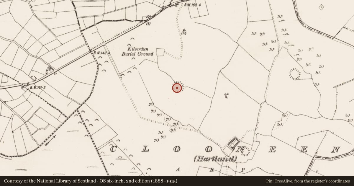 Ordnance Survey six-inch map, 2nd edition (1888–1915) covering the location of Ringfort - rath, Clooneen (Hartland), County Roscommon, with a pin at the register's coordinates