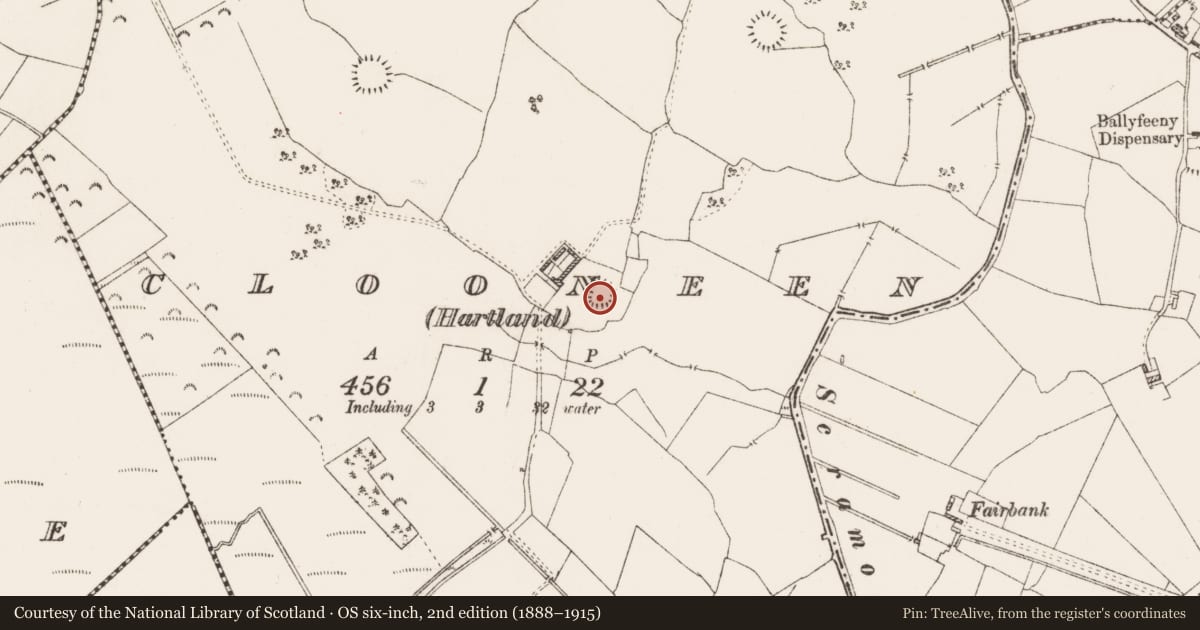 Ordnance Survey six-inch map, 2nd edition (1888–1915) covering the location of Ringfort - rath, Clooneen (Hartland), County Roscommon, with a pin at the register's coordinates