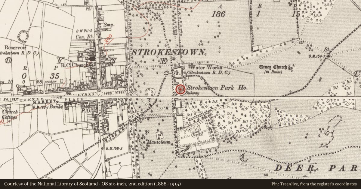 Ordnance Survey six-inch map, 2nd edition (1888–1915) covering the location of Castle - unclassified, Cloonradoon, Vesnoy, County Roscommon, with a pin at the register's coordinates