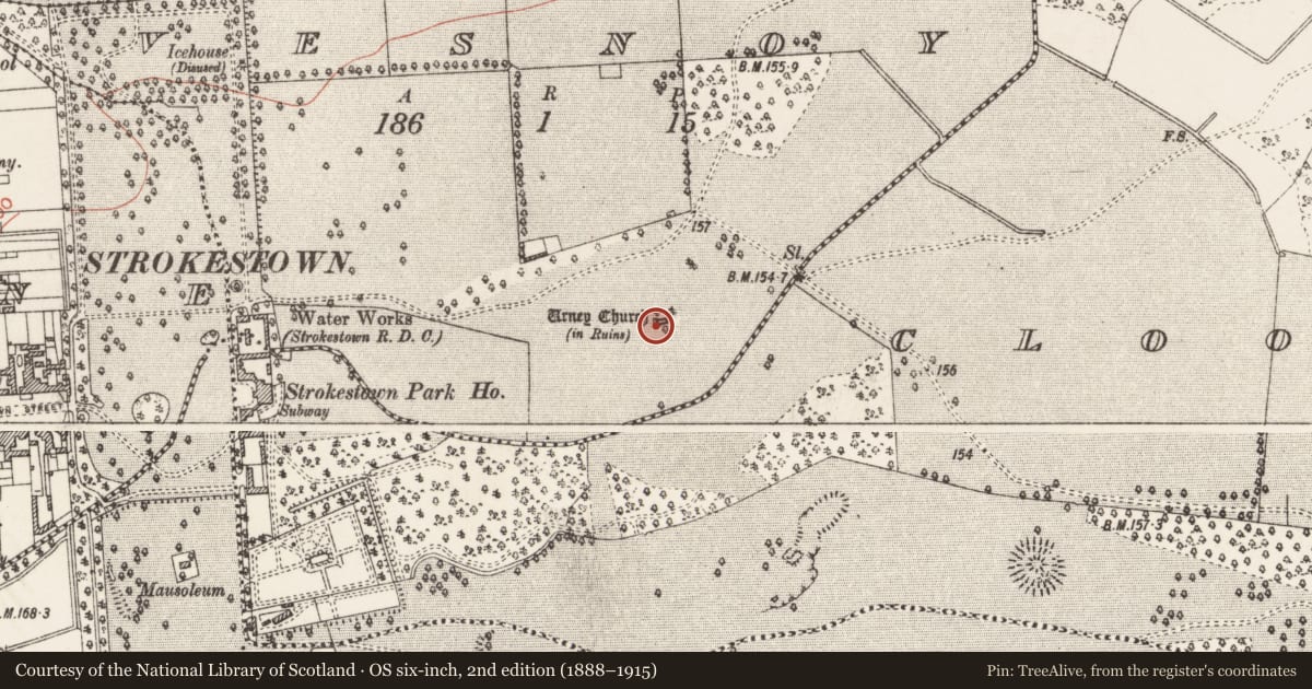 Ordnance Survey six-inch map, 2nd edition (1888–1915) covering the location of Church, Vesnoy, County Roscommon, with a pin at the register's coordinates