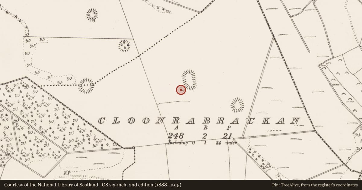 Ordnance Survey six-inch map, 2nd edition (1888–1915) covering the location of Mound, Cloonrabrackan, County Roscommon, with a pin at the register's coordinates