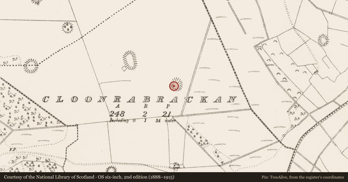 Ordnance Survey six-inch map, 2nd edition (1888–1915) covering the location of Ringfort - rath, Cloonrabrackan, County Roscommon, with a pin at the register's coordinates
