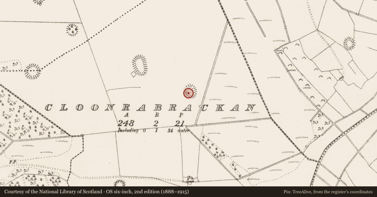 Ordnance Survey six-inch map, 2nd edition (1888–1915) covering the location of Cairn - clearance cairn, Cloonrabrackan, County Roscommon, with a pin at the register's coordinates