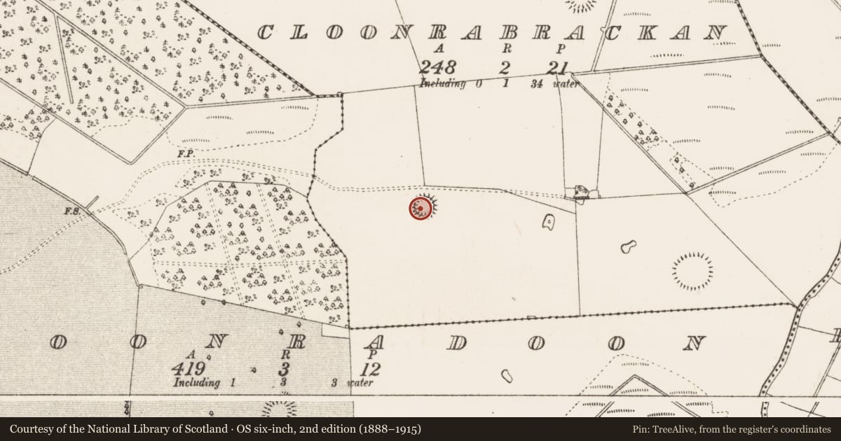 Ordnance Survey six-inch map, 2nd edition (1888–1915) covering the location of Ringfort - rath, Cloonrabrackan, County Roscommon, with a pin at the register's coordinates