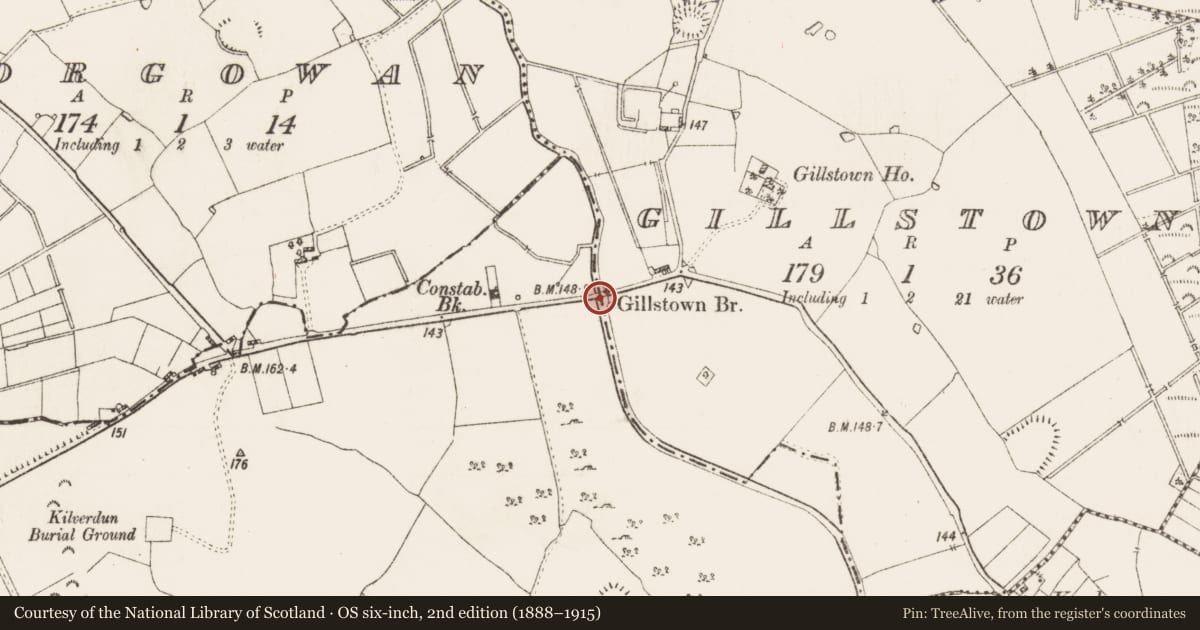 Ordnance Survey six-inch map, 2nd edition (1888–1915) covering the location of Bridge, Gillstown, Clooneen (Hartland), County Roscommon, with a pin at the register's coordinates