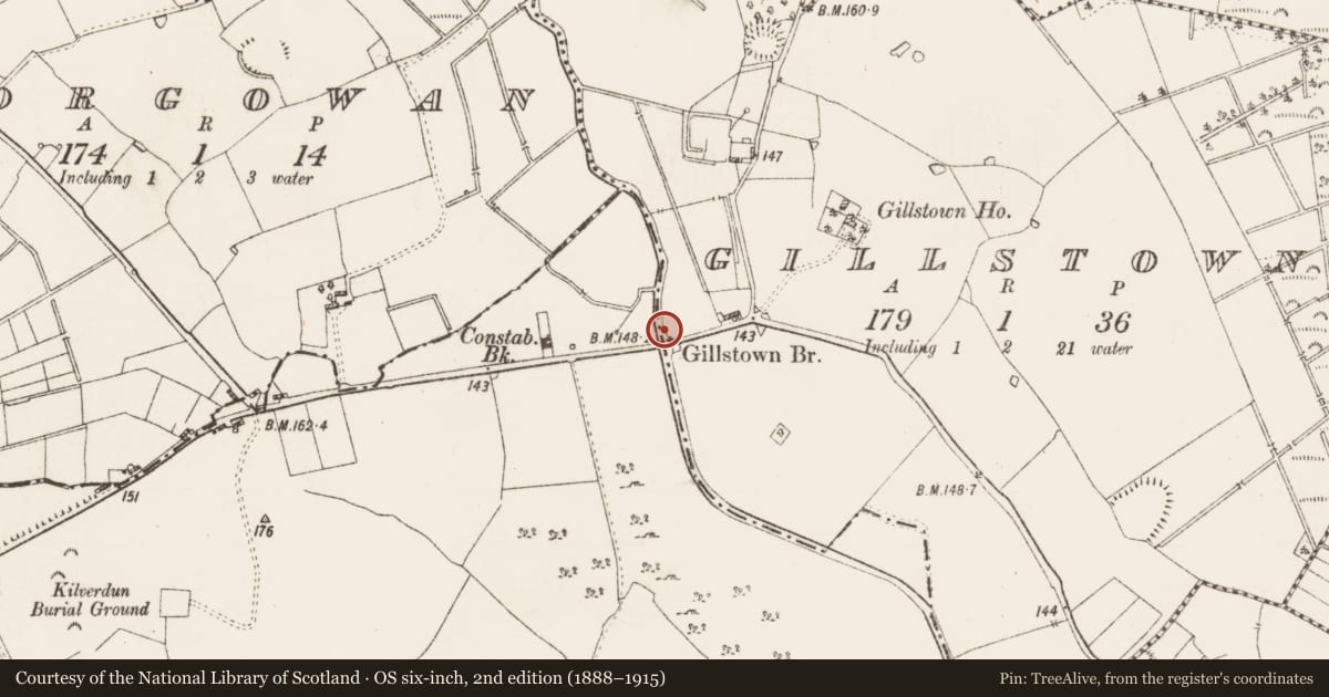 Ordnance Survey six-inch map, 2nd edition (1888–1915) covering the location of Water mill - unclassified, Gillstown, County Roscommon, with a pin at the register's coordinates
