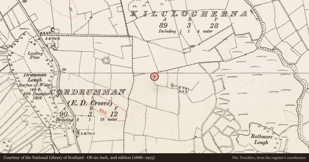 Ordnance Survey six-inch map, 2nd edition (1888–1915) covering the location of Ringfort - rath, Rathmore, County Roscommon, with a pin at the register's coordinates